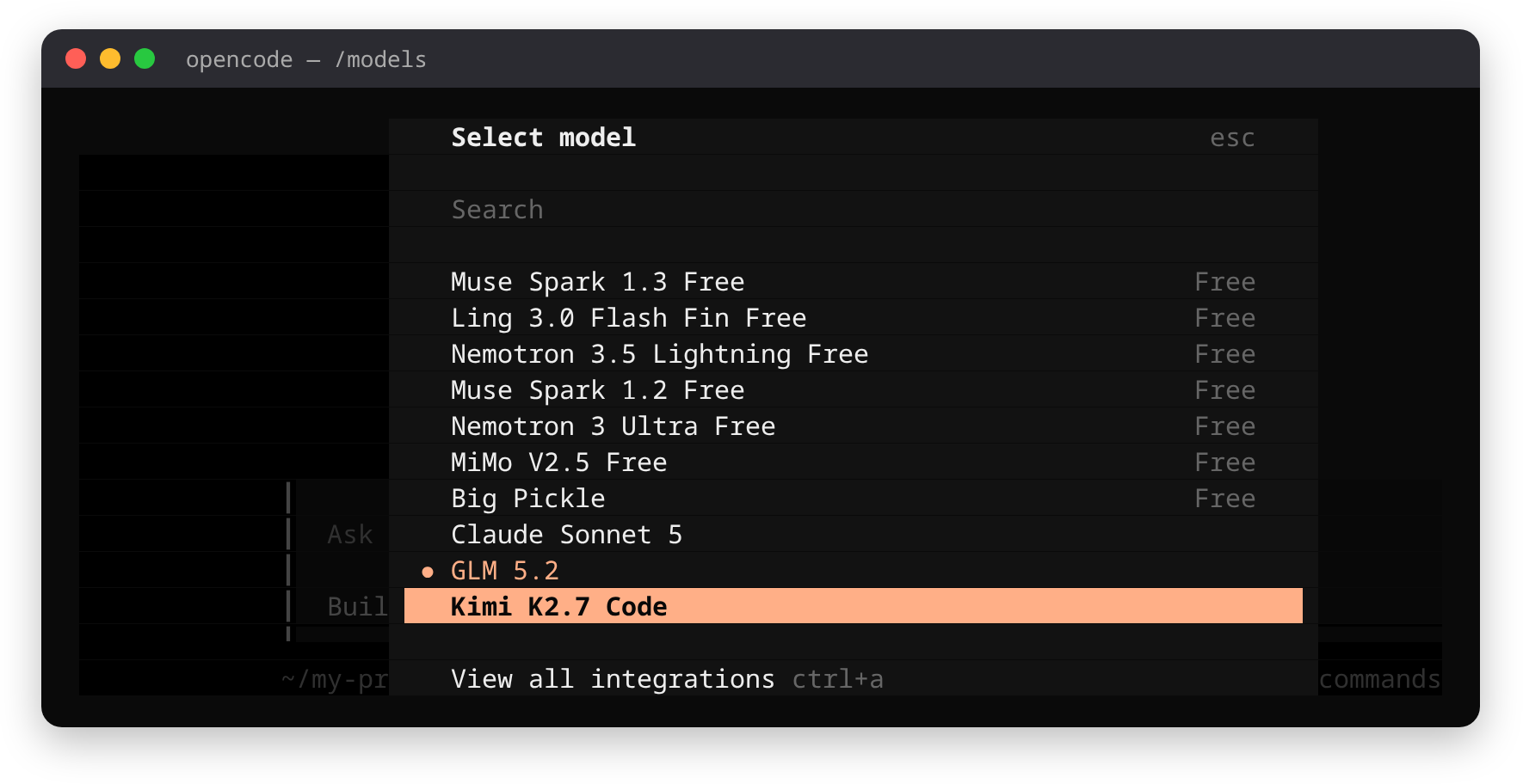 فهرست انتخاب مدل در opencode که Claude Sonnet 5، GLM 5.2 و Kimi K2.7 Code را بعد از مدلهای رایگان داخلی نشان میدهد