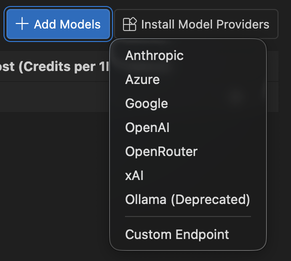 فهرست ارائهدهندهها در Add Models با گزینهٔ Custom Endpoint در پایین