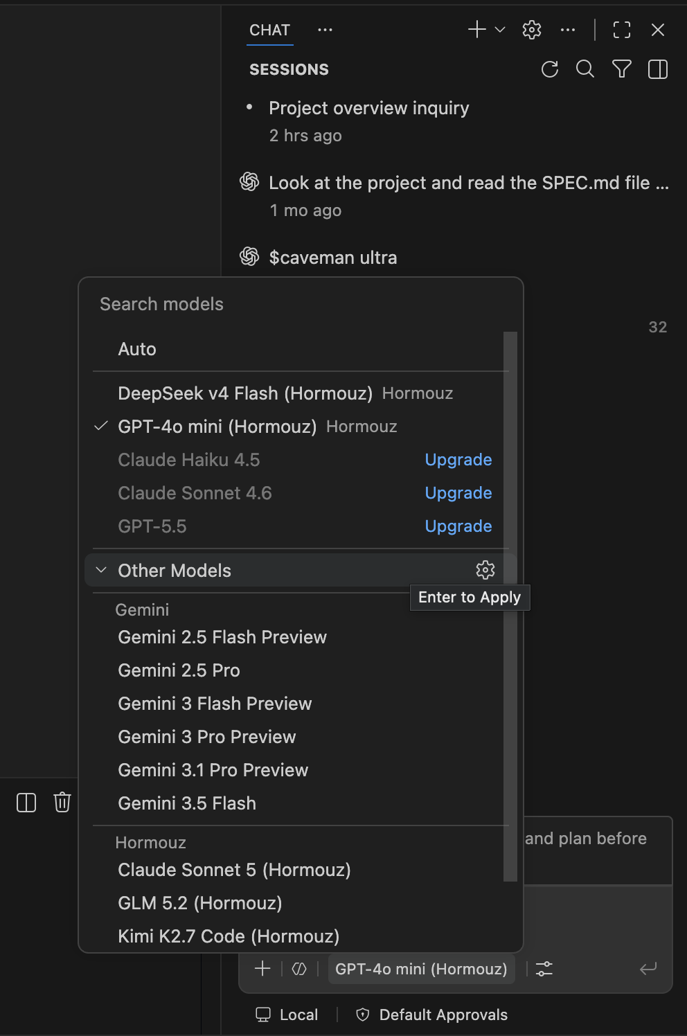 انتخابگر مدل چت در VS Code با مدلهای هرمز