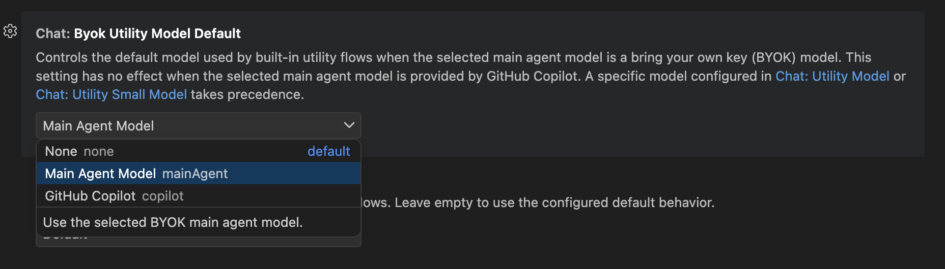 تنظیم Chat: Byok Utility Model Default با گزینهٔ Main Agent Model