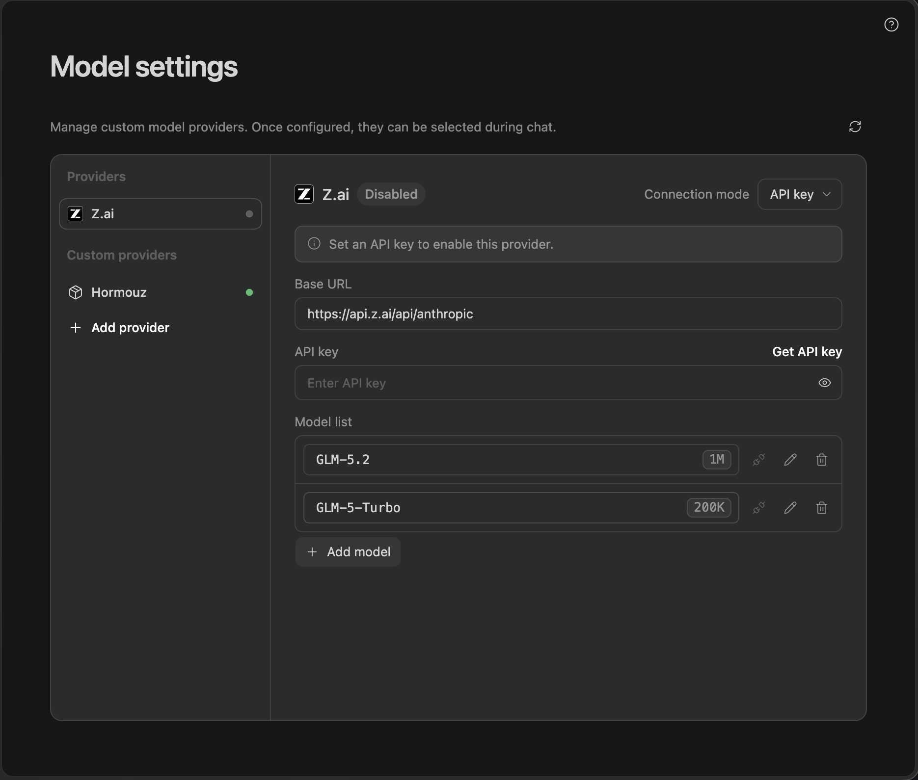 ارائهدهندهٔ داخلی Z.ai در ZCode پس از تغییر Connection mode به API key بدون کلید، در حالت Disabled